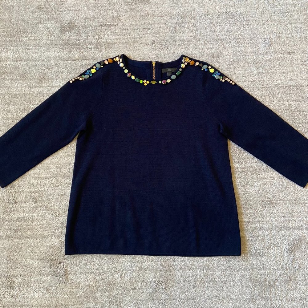 J. Crew Navy Blue Merino Wool Jeweled Crew Neck Sweater NWOT